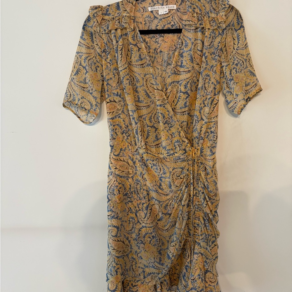Veronica Beard Yellow & Blue Paisley Wrap Mini Dress Ruffle Trim Silk Size 8